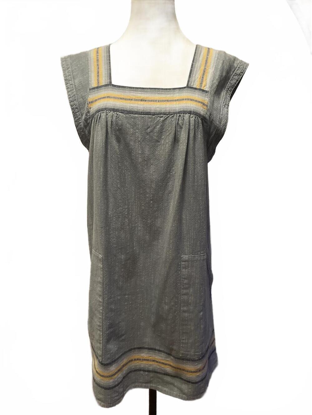 Faherty Indigo Chambray Blue Cotton Shift Dress Embroidered Trim Pockets Medium